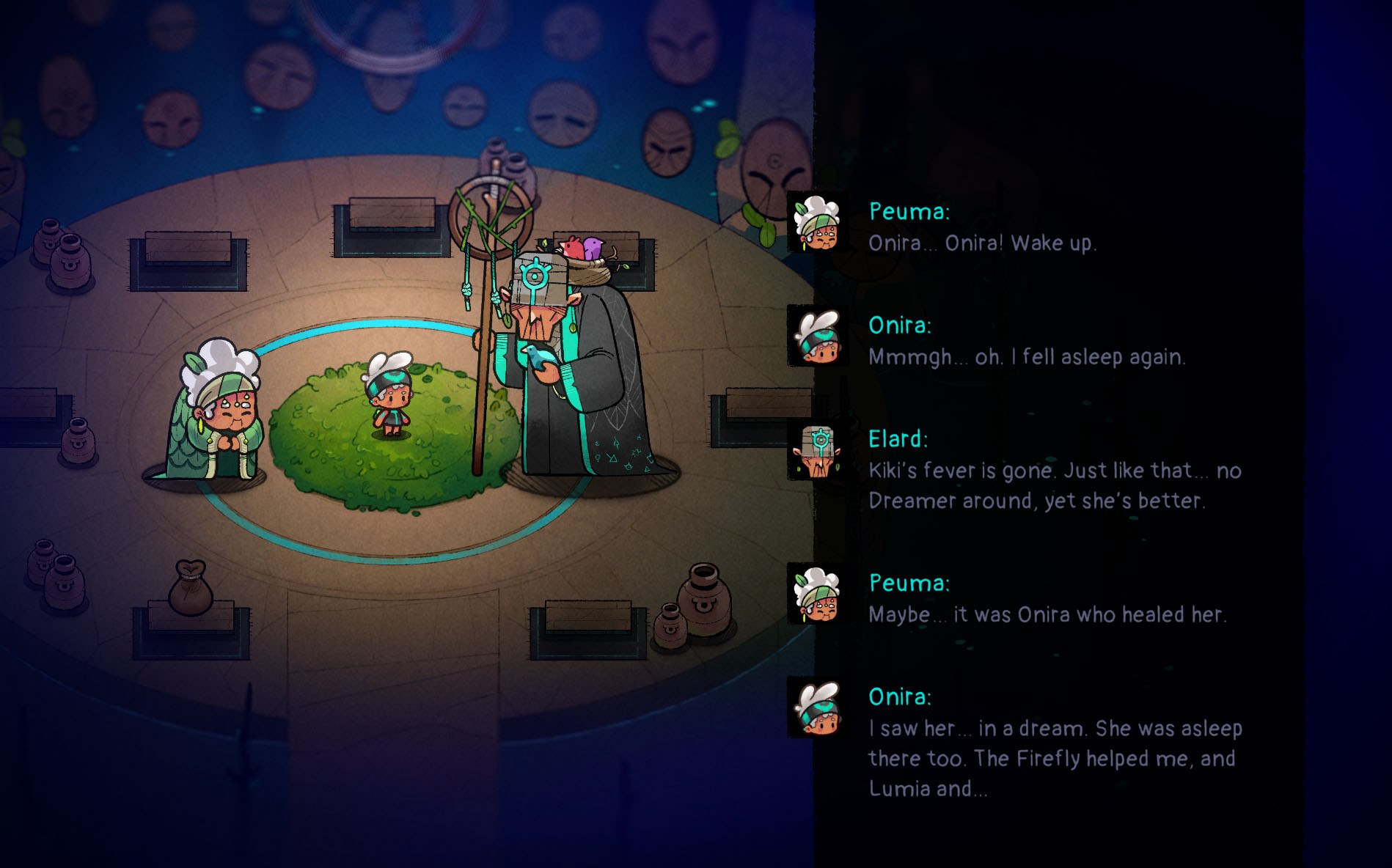 Dialogue in the sanctuary between Peuma, Onira and Elard