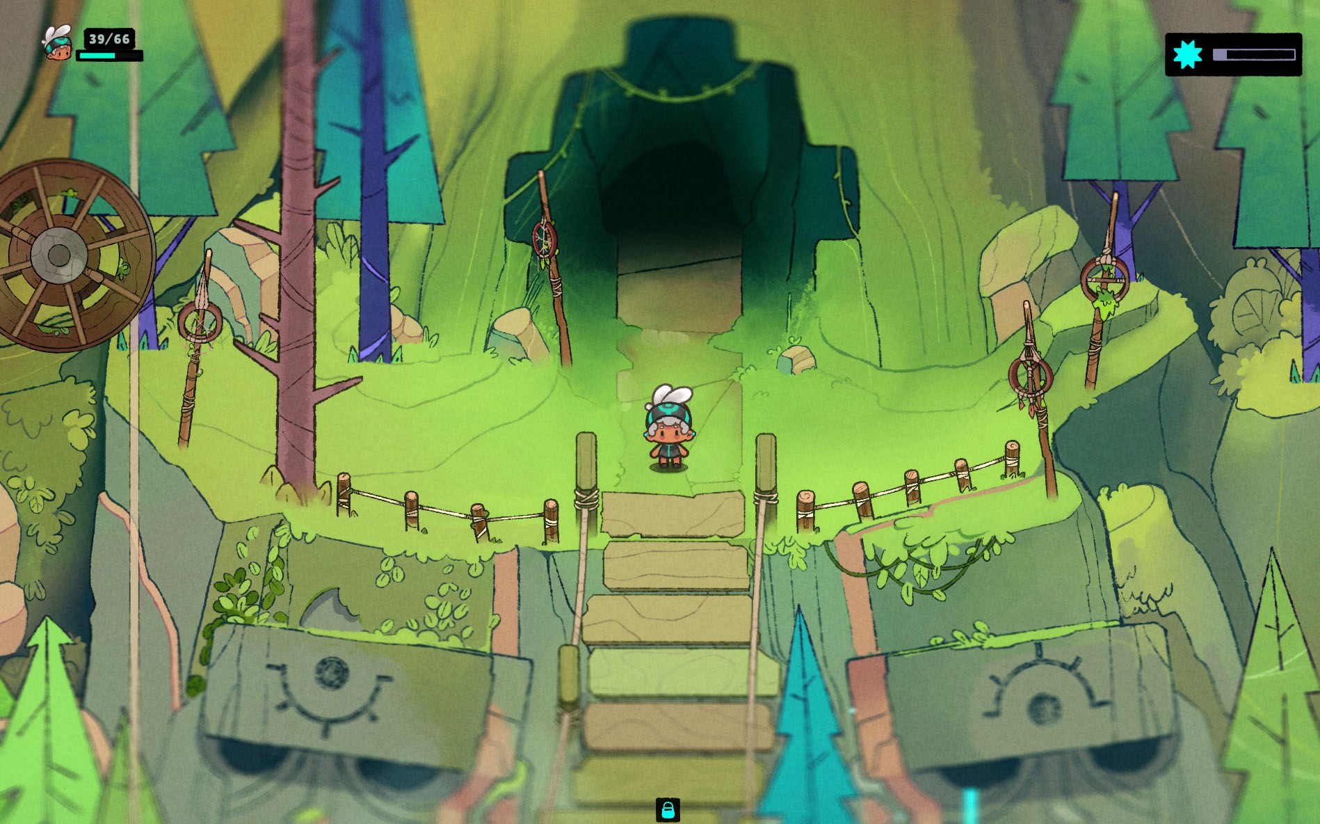 Onira exploring a forest path towards a cave