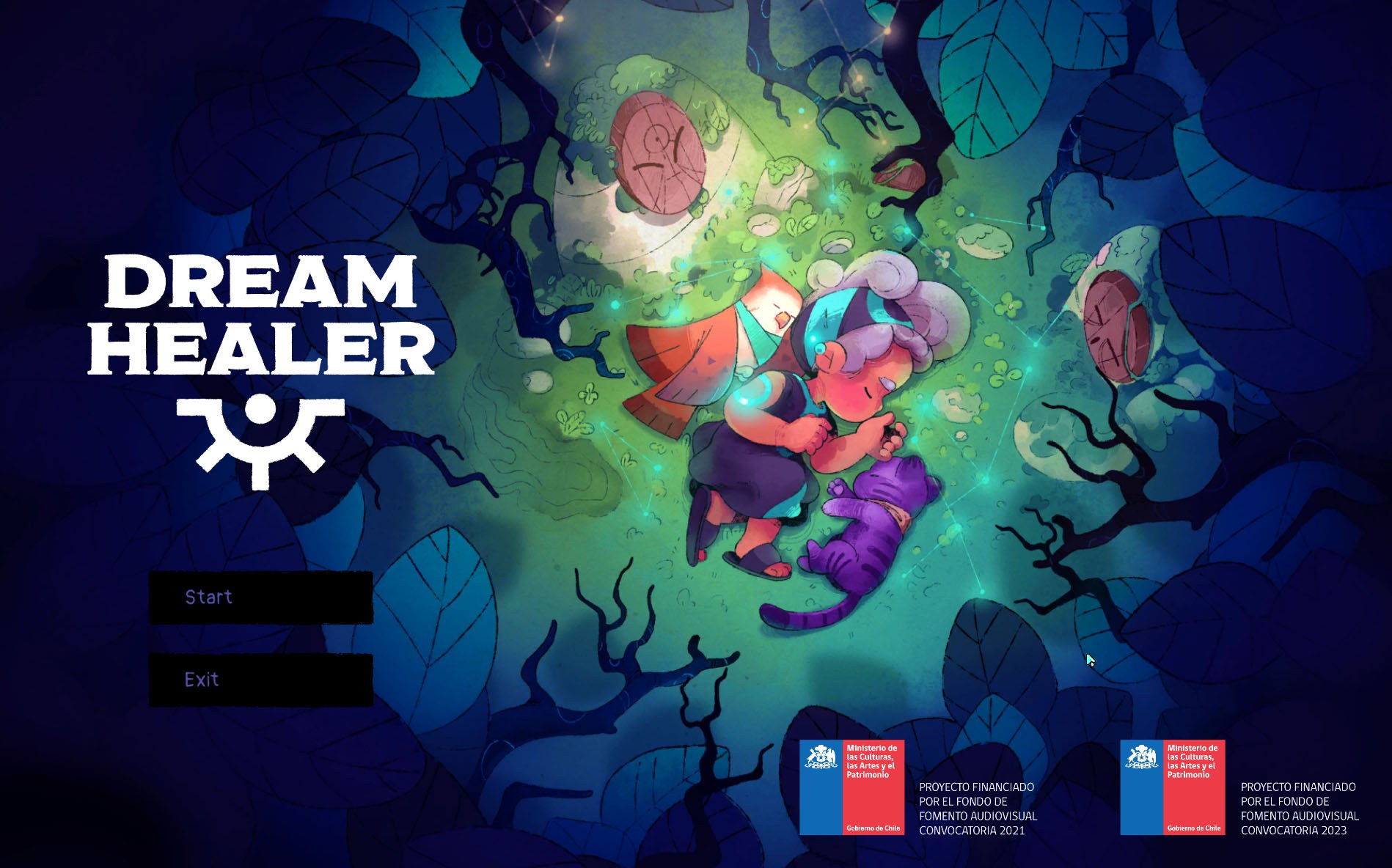 Dreamhealer title screen: Onira sleeping in the forest with her cat
