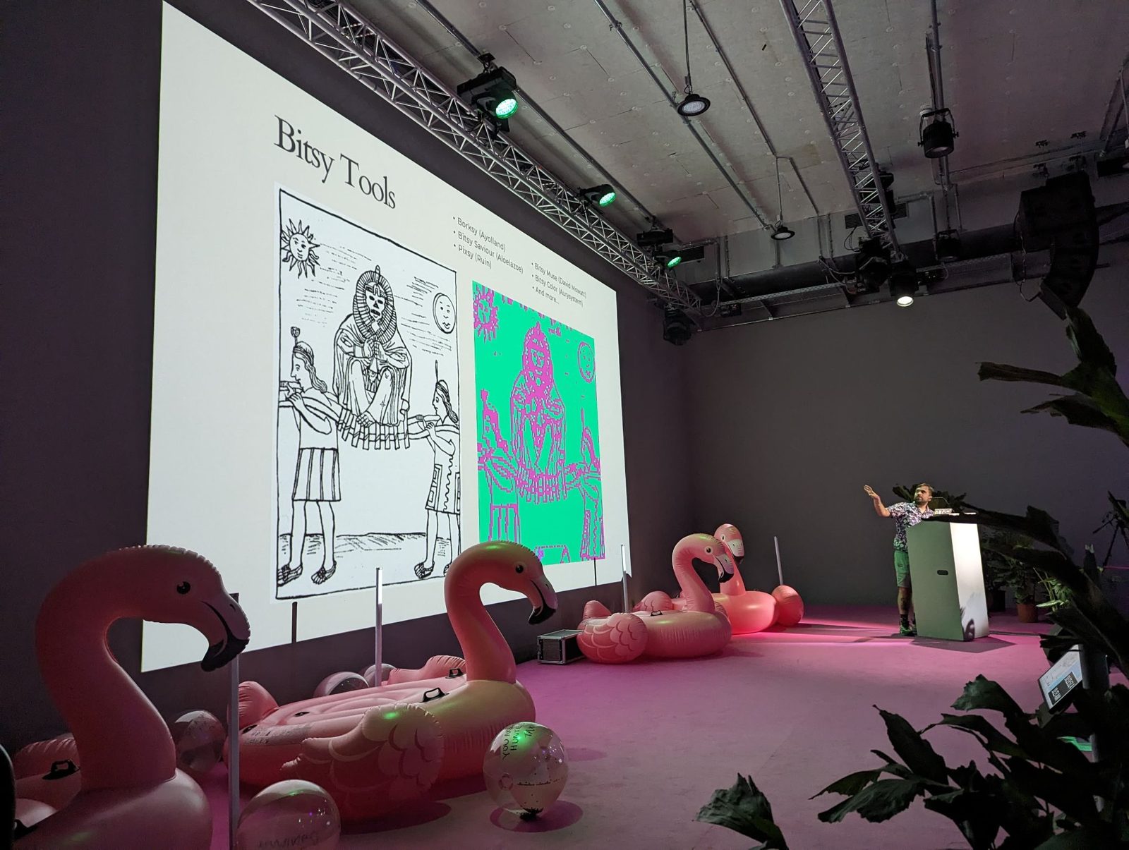 Nico presenting Hawk and Puma in a gallery space